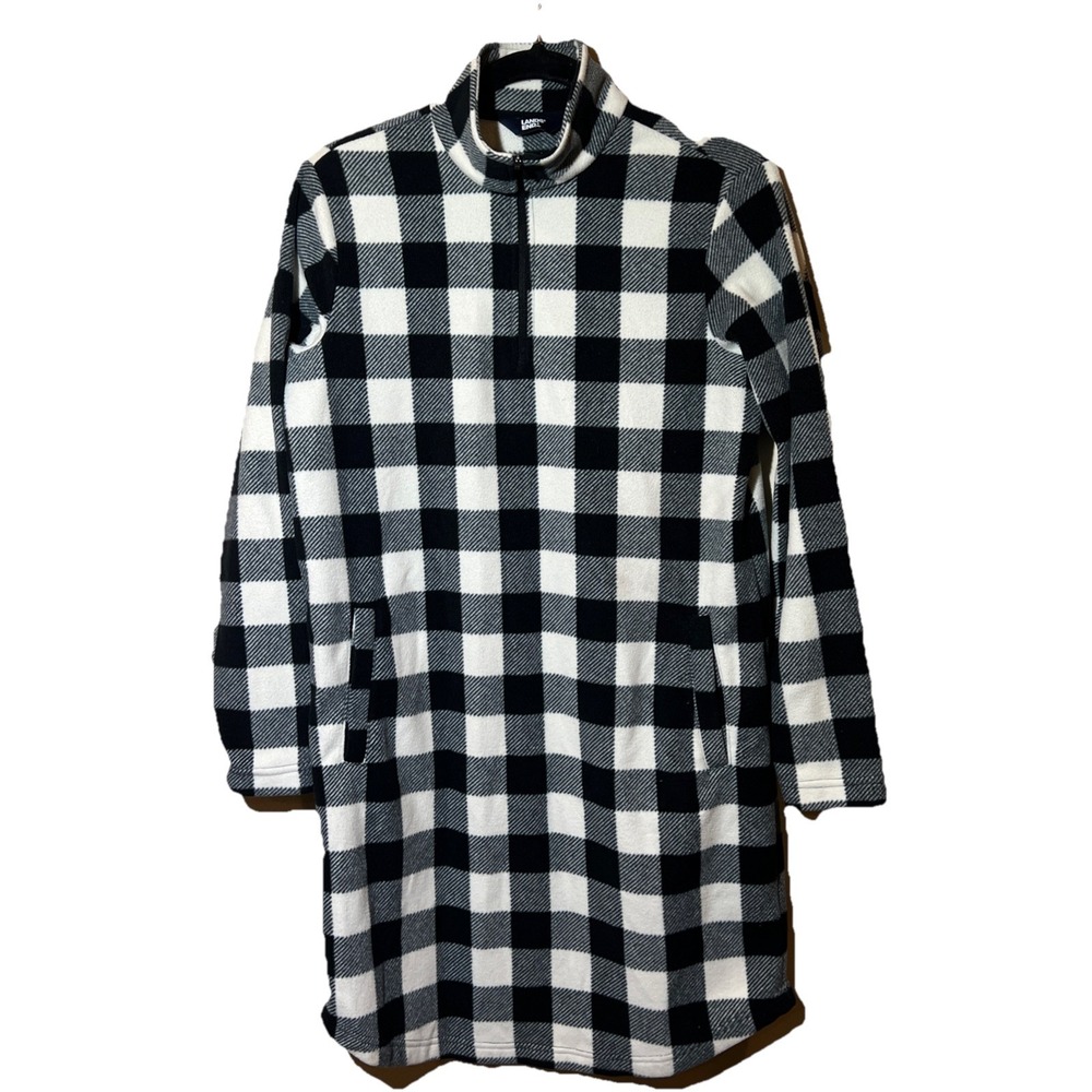 Lands End Sleepshirt Women XS Fleece Buffalo Plaid White Black Long Sleeve EUC